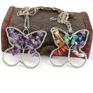 Reiki Healing Gravel Crystal Butterfly Tree Of Life Fortune Tree Necklace