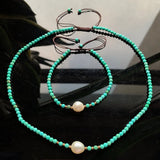 Reiki Healing Turquoises Choker Necklace with Pearl Charm