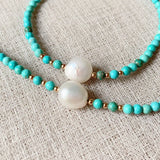 Reiki Healing Turquoises Choker Necklace with Pearl Charm
