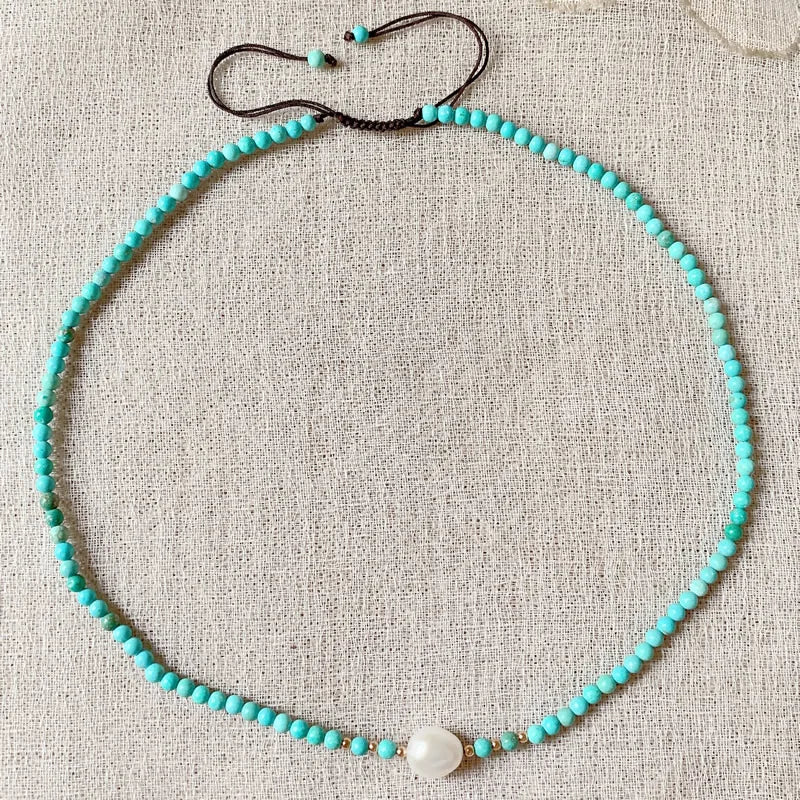 Reiki Healing Turquoises Choker Necklace with Pearl Charm