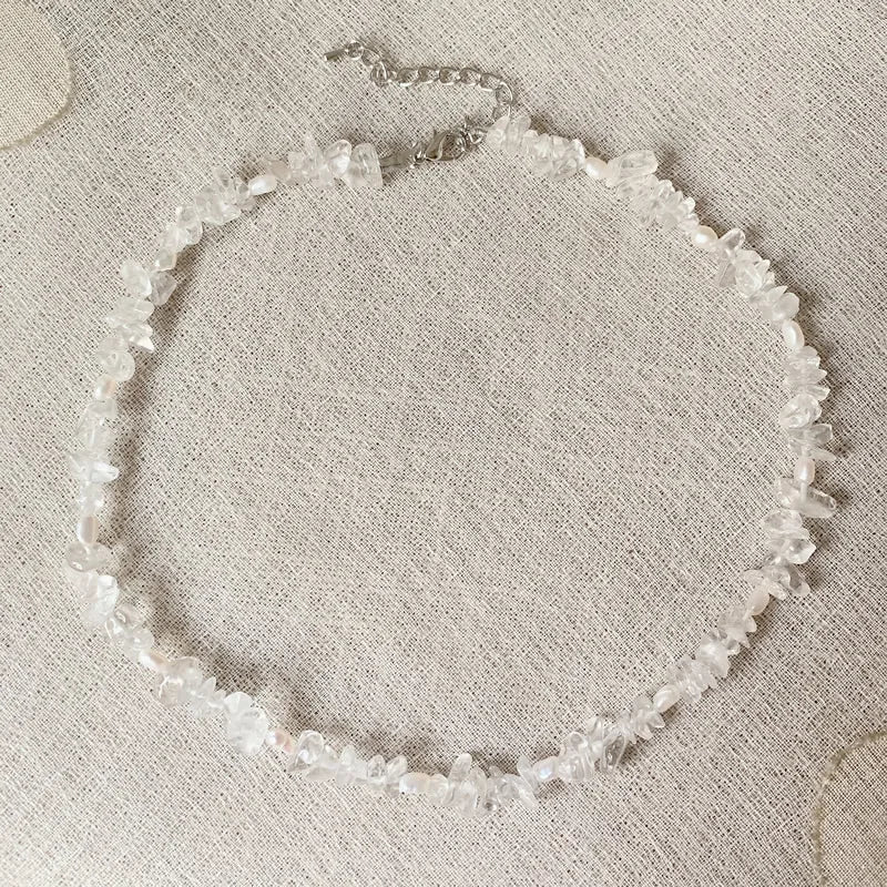 Raw Mineral Clear Quartz Choker Necklace Crystal Pearl Charm
