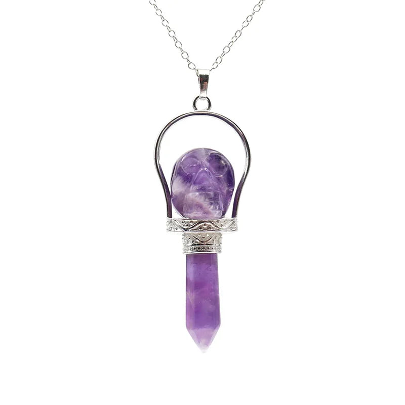 Reiki Natural Stone Skull Hexagonal Column Pendant Necklace