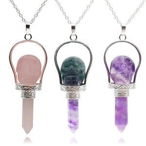 Reiki Natural Stone Skull Hexagonal Column Pendant Necklace