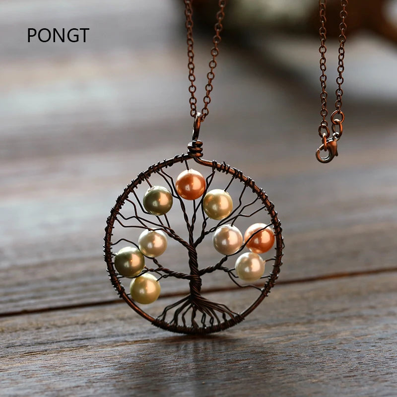 Reiki Tree of Life Pendant Copper Wire Wrapped Shell Necklace
