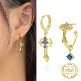 925 Silver Square Hoop Earrings Zircon Ankh Cross Drop Earrings Women