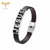 Religious Jesus Bracelet - Stainless Steel Leather Cuff Bangle