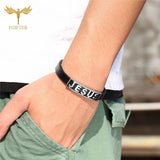 Religious Jesus Bracelet - Stainless Steel Leather Cuff Bangle