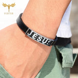 Religious Jesus Bracelet - Stainless Steel Leather Cuff Bangle