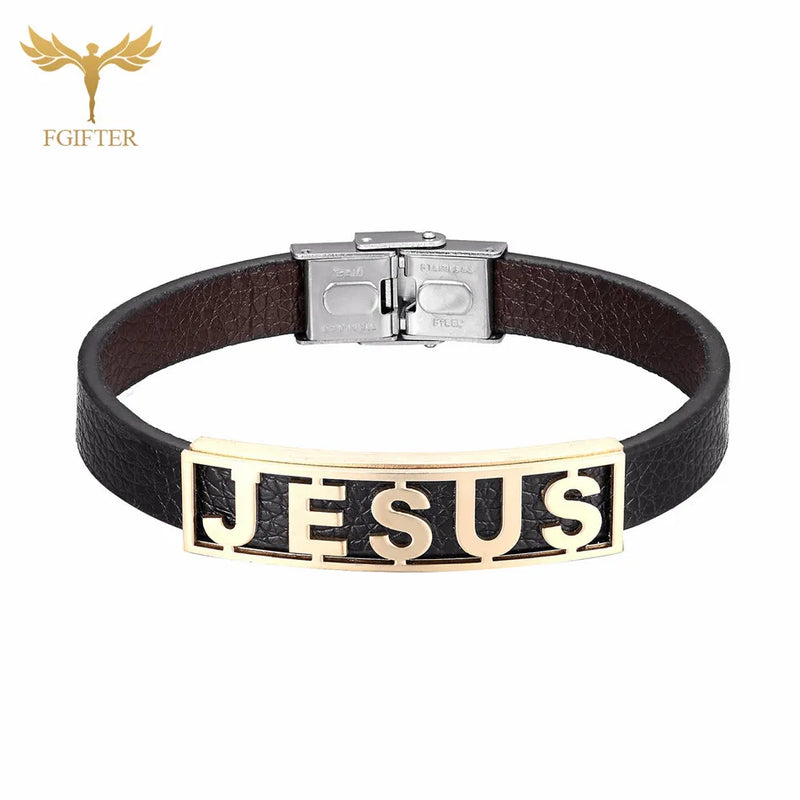 Religious Jesus Bracelet - Stainless Steel Leather Cuff Bangle
