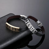 Religious Jesus Bracelet - Stainless Steel Leather Cuff Bangle