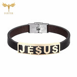 Religious Jesus Bracelet - Stainless Steel Leather Cuff Bangle