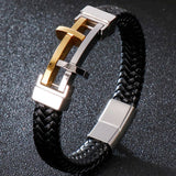 Religious Cross Bracelet Stainless Steel Leather Bangle Men