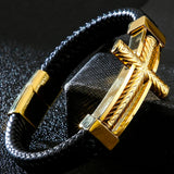 Religious Cross Leather Bracelet for Men with Magnet Clasp