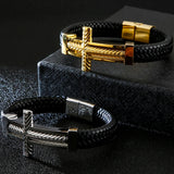 Religious Cross Leather Bracelet for Men with Magnet Clasp