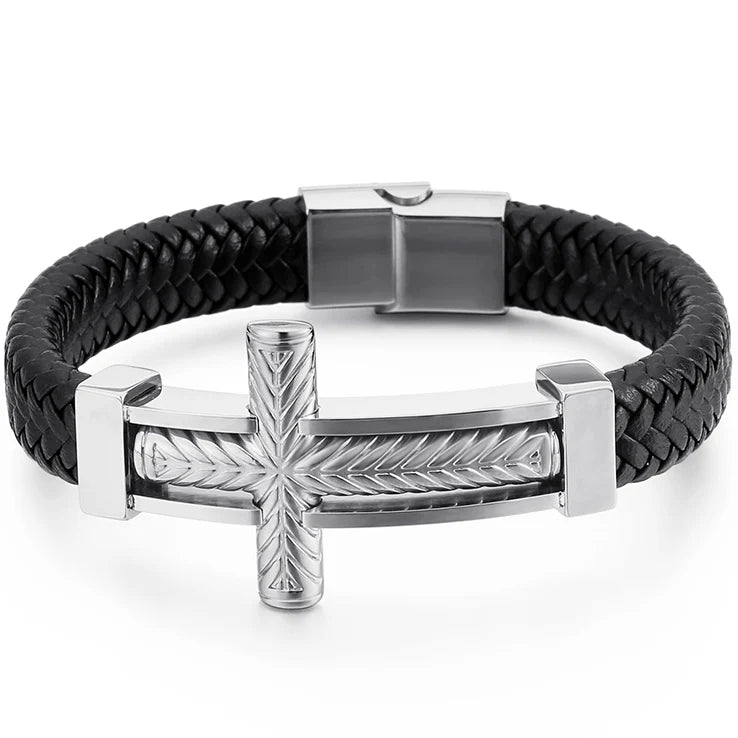 Religious Cross Leather Bracelet for Men with Magnet Clasp