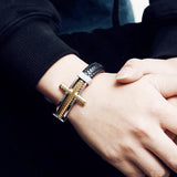 Religious Cross Leather Bracelet for Men with Magnet Clasp