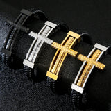 Religious Cross Leather Bracelet for Men with Magnet Clasp