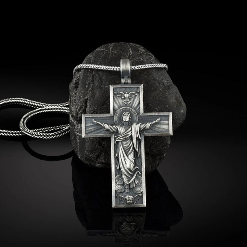 Religious Jesus Cross Catholic Tin Pendant Necklace