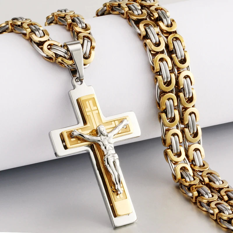 Men Stainless Steel Cross Pendant Necklace Heavy Chain