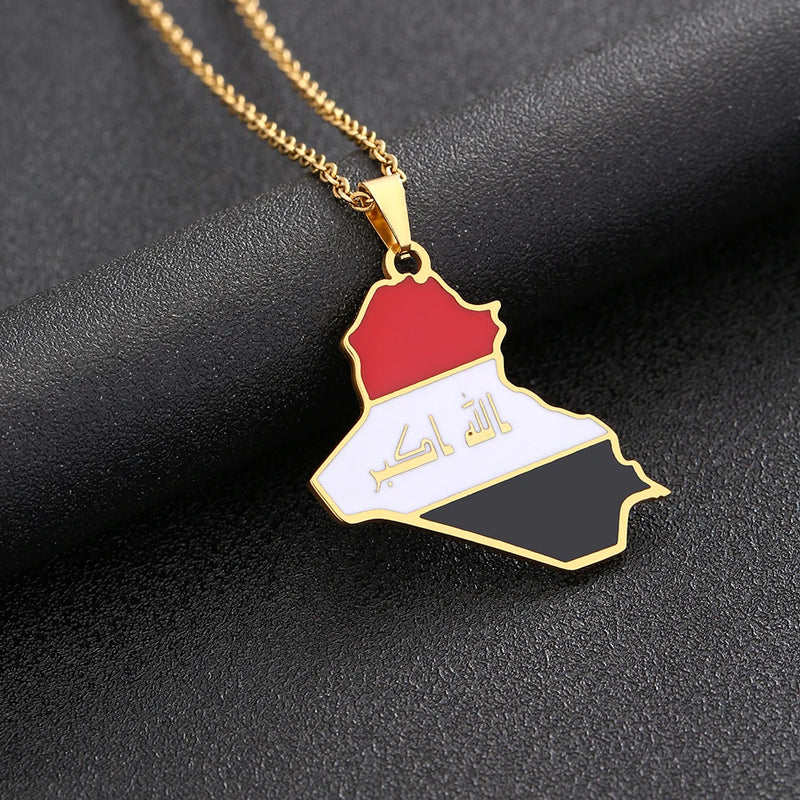 Iraq Map Flag Pendant Necklace Stainless Steel Women Men Charm Jewelry