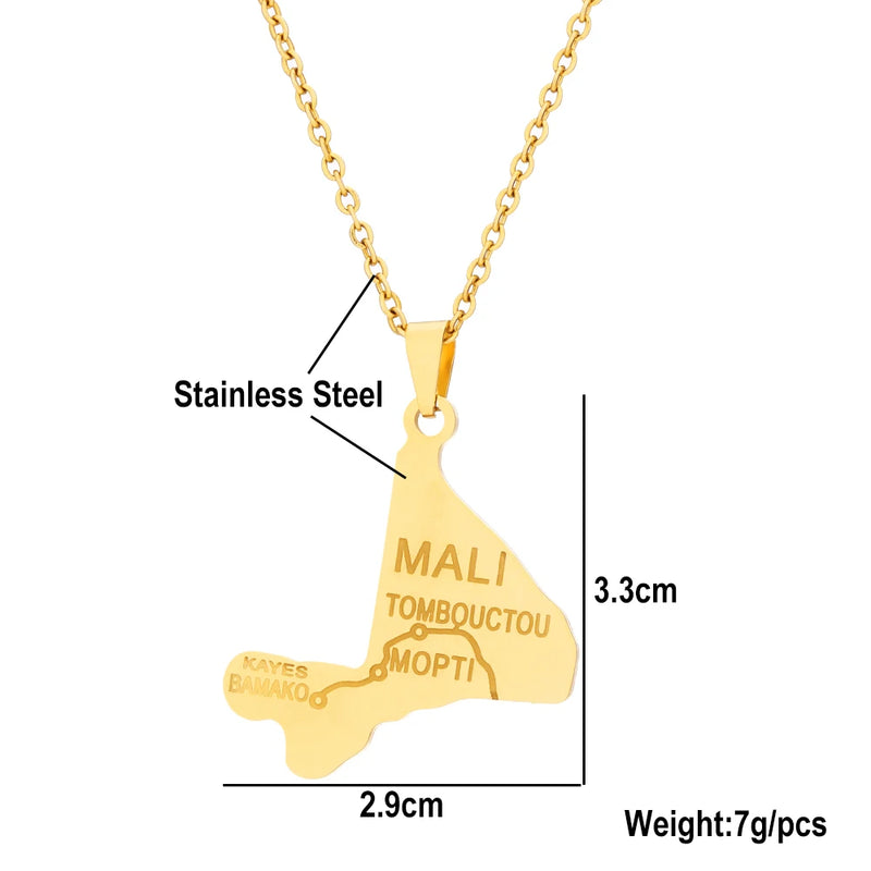 Mali Map City Pendant Necklace Stainless Steel Silver Africa Men Women