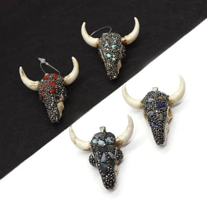 Resin Bull Head Rhinestone Pendant 47x47mm Stone Charm DIY Necklace Earrings