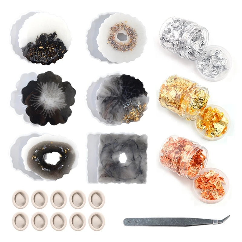 Geode Resin Coaster Mold with Foil Flakes DIY Casting Coaster