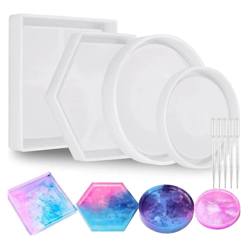 Resin Coaster Silicone Mold Casting Kit, Square Hexagon Round Hexagon