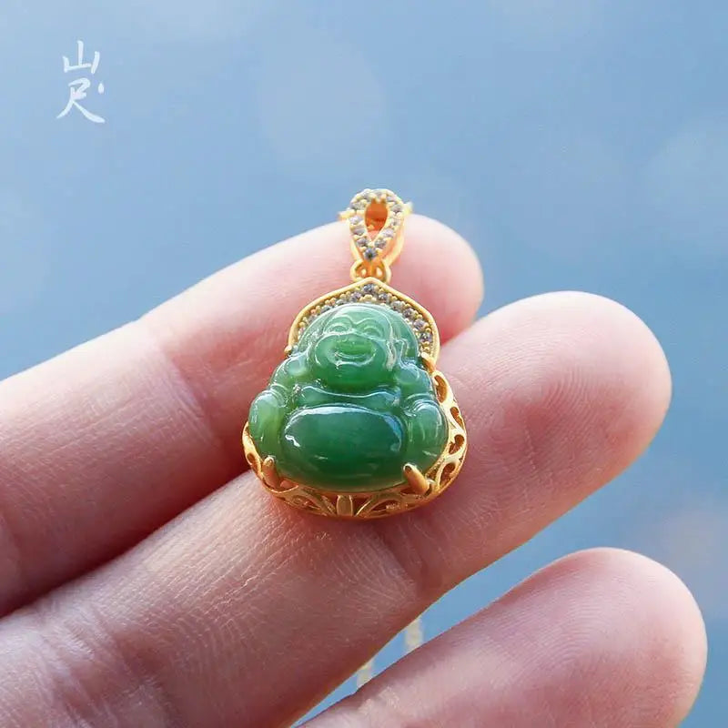Hetian Jade Buddha Pendant with Sterling Silver Chain