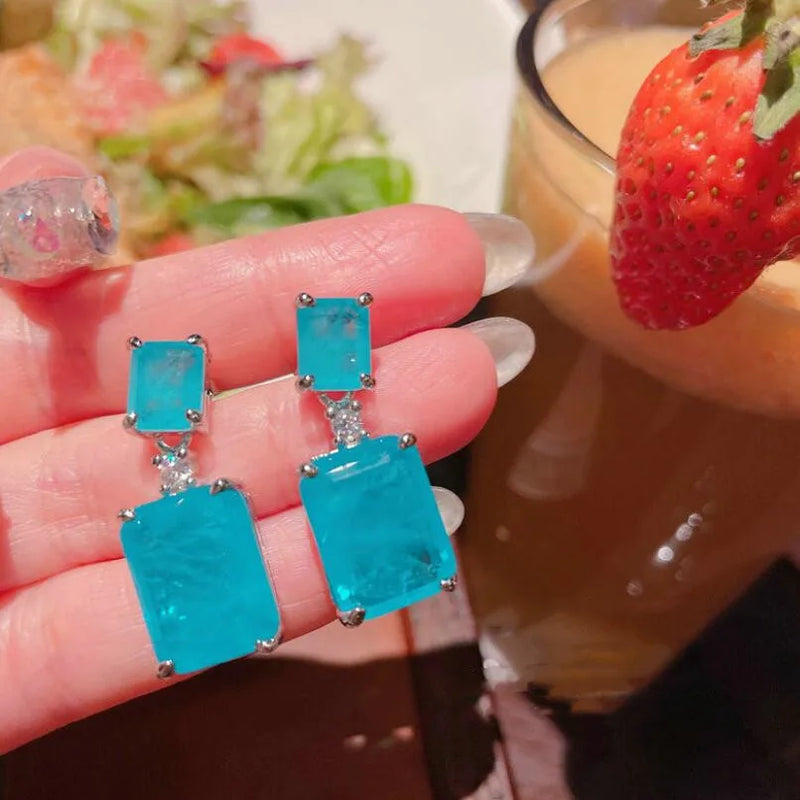 Double Paraiba Stone Drop Earring Silver Pendant Earring