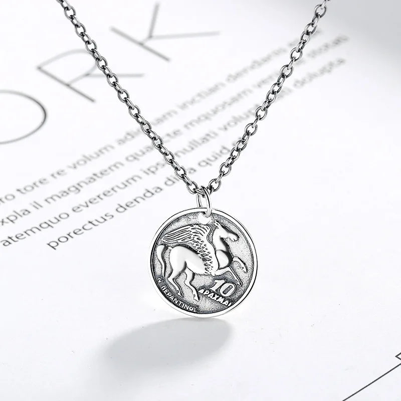 925 Sterling Silver Horse Coin Pendant Long Necklace TLX724