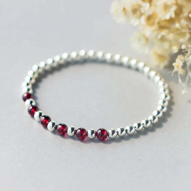 925 Silver Red Garnet Bracelet with Lucky Ball Charm