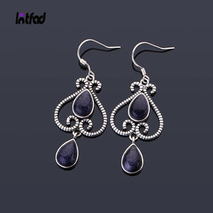 Retro 6X9MM Sandstone Earrings 925 Silver Natural Moonstone Amethyst Earrings