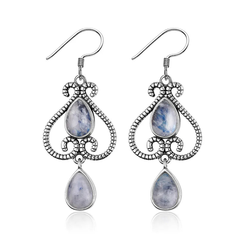 Retro 6X9MM Sandstone Earrings 925 Silver Natural Moonstone Amethyst Earrings
