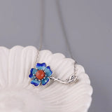 Vintage 925 Silver Agate Enamel Choker Chain Peony Flower Pendant Necklace