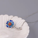 Vintage 925 Silver Agate Enamel Choker Chain Peony Flower Pendant Necklace