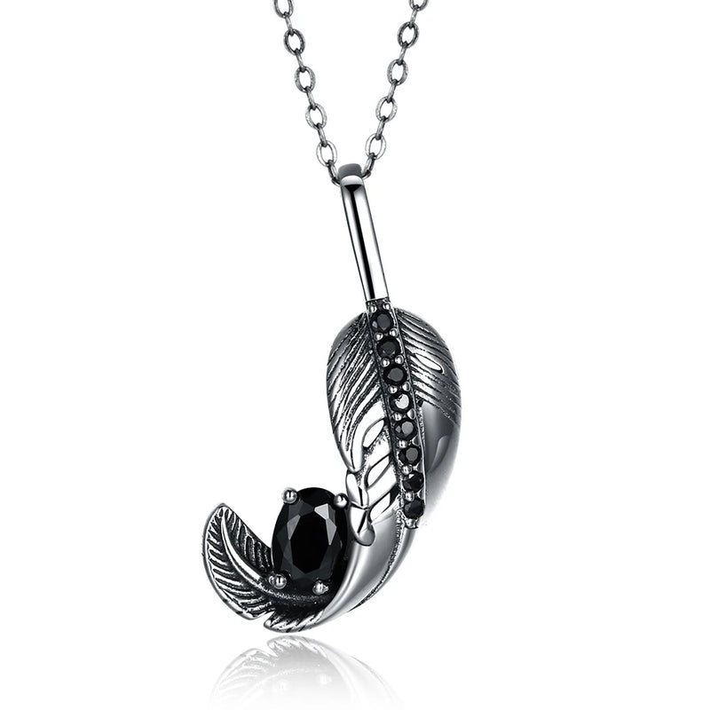 Sterling Silver Feather Pendant Necklace with Cubic Zircon for Women Men