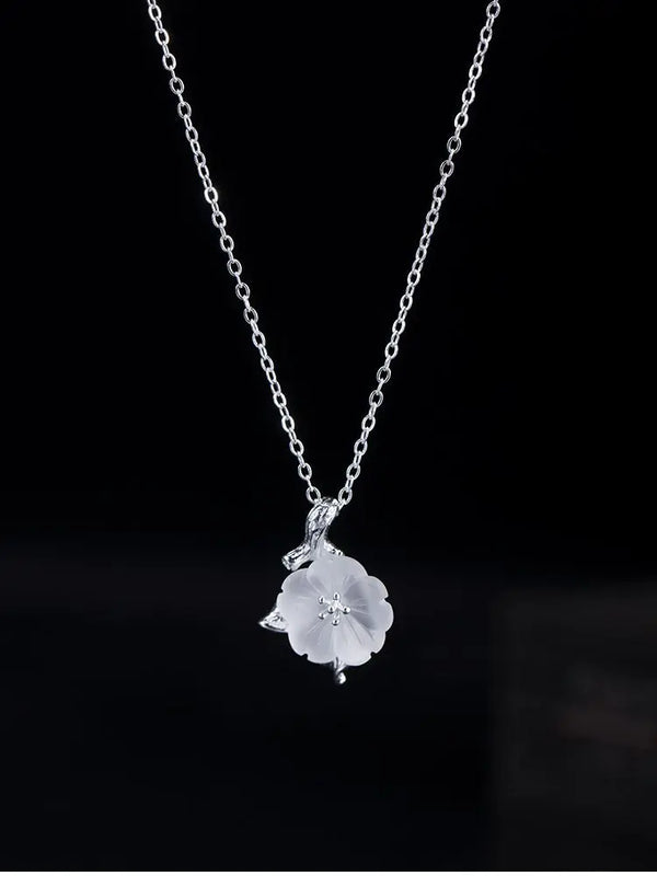 925 Silver Crystal Flower Pendant Necklace Chinese Style Leaf Flower Choker