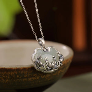 925 Silver Hotan Jade Fish Lotus Pendant Necklace Chinese Ruyi Clavicle Chain