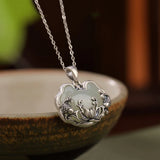 925 Silver Hotan Jade Fish Lotus Pendant Necklace Chinese Ruyi Clavicle Chain