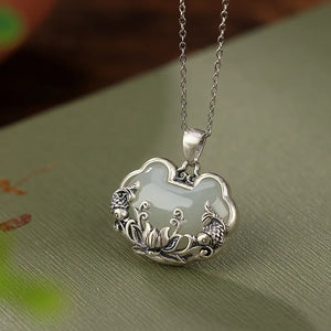 925 Silver Hotan Jade Fish Lotus Pendant Necklace Chinese Ruyi Clavicle Chain