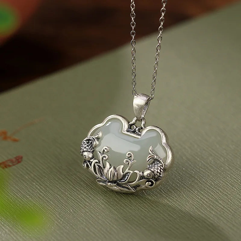 925 Silver Hotan Jade Fish Lotus Pendant Necklace Chinese Ruyi Clavicle Chain