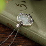 925 Silver Hotan Jade Fish Lotus Pendant Necklace Chinese Ruyi Clavicle Chain
