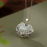 925 Silver Hotan Jade Fish Lotus Pendant Necklace Chinese Ruyi Clavicle Chain