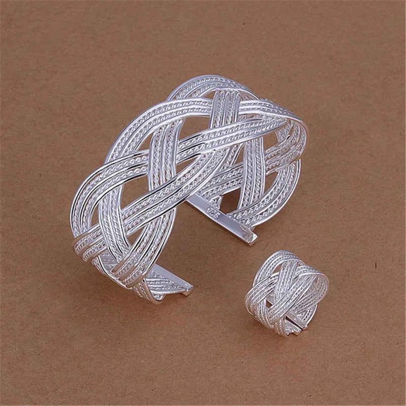 925 Sterling Silver Jewelry Set Wide Bangle Adjustable Ethnic Party