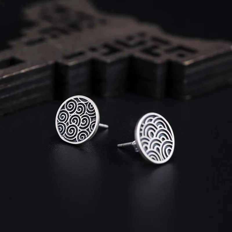 925 Silver Chinese Style Stud Earrings Retro Wave Pattern Asymmetry