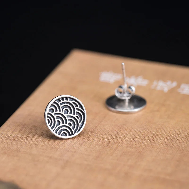 925 Silver Chinese Style Stud Earrings Retro Wave Pattern Asymmetry