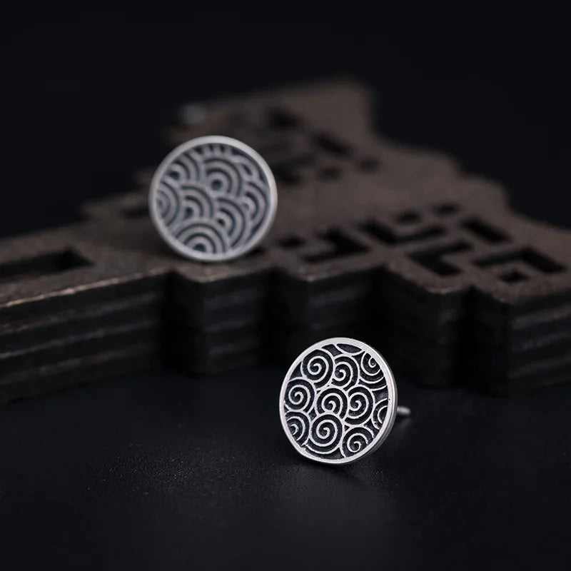 925 Silver Chinese Style Stud Earrings Retro Wave Pattern Asymmetry