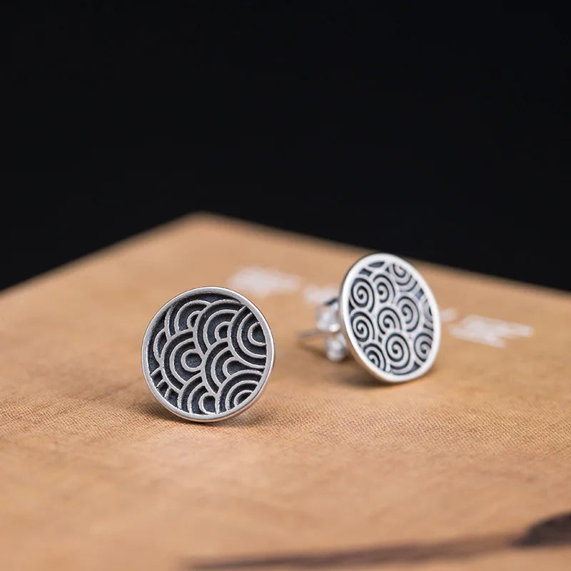 925 Silver Chinese Style Stud Earrings Retro Wave Pattern Asymmetry