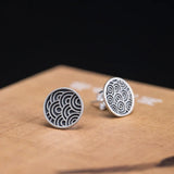 925 Silver Chinese Style Stud Earrings Retro Wave Pattern Asymmetry